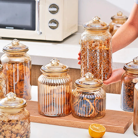 Barattoli Vetro Ambra con Griglia Decorativa - Contenitori Eleganti per Cereali e Biscotti