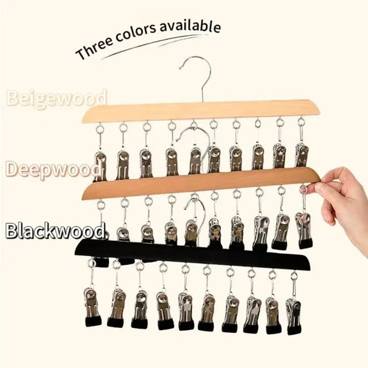 Appendiabiti Legno con 10 Clip Multifunzionale - Organizer per Calzini, Intimo e Cappelli